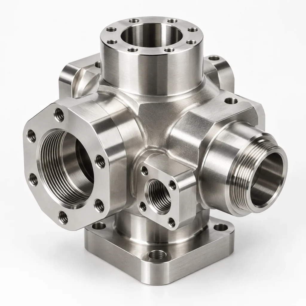 Complex stainless steel multi-port fluid manifold