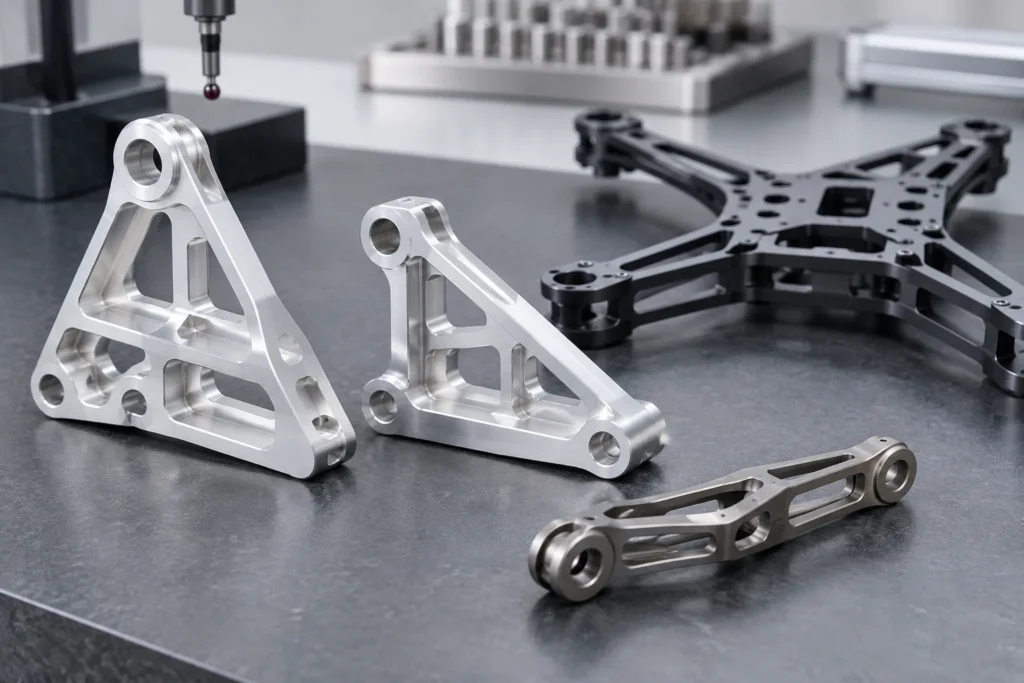 Lightweight machined brackets and UAV structural components on an inspection bench