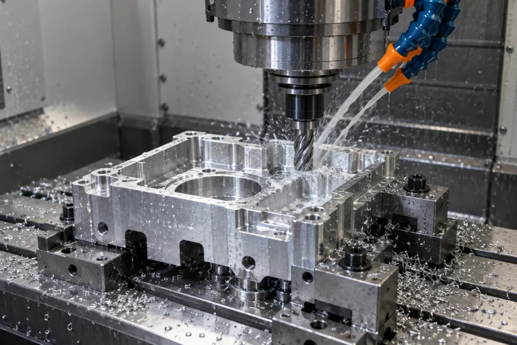 CNC milling an aluminum housing in a secured fixture