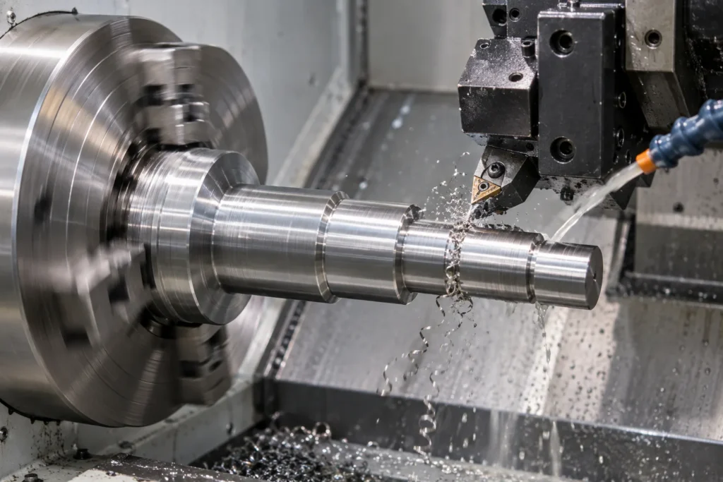 CNC turning a stepped steel shaft in an enclosed lathe