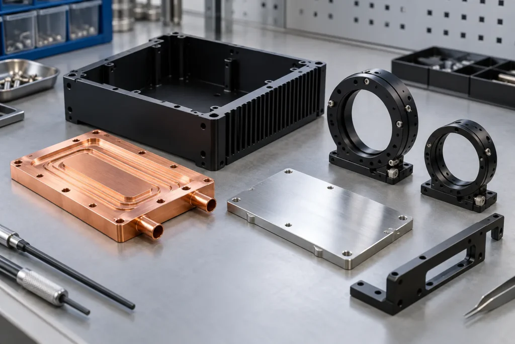 Copper cold plate, electronics enclosure and optical alignment mounts