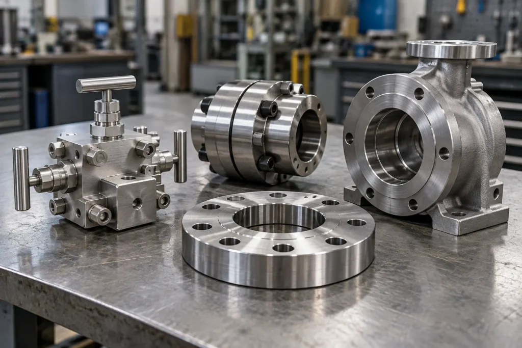 Machined valve manifold, coupling, flange and pump housing components