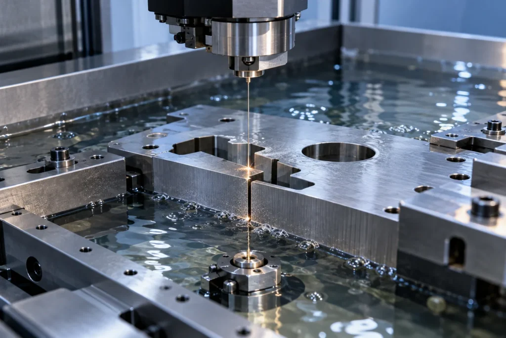 Generic technical illustration of wire EDM cutting